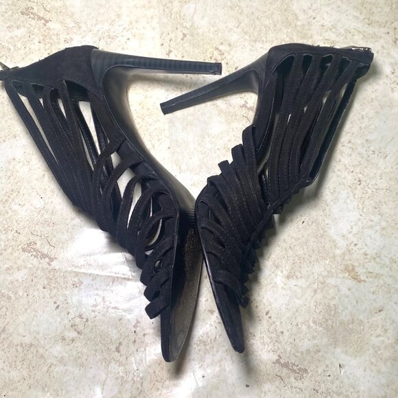 Calvin Klein Black Suede Strappy High Heel Sandals Back Zipper Size 8.5 - Picture 7 of 9